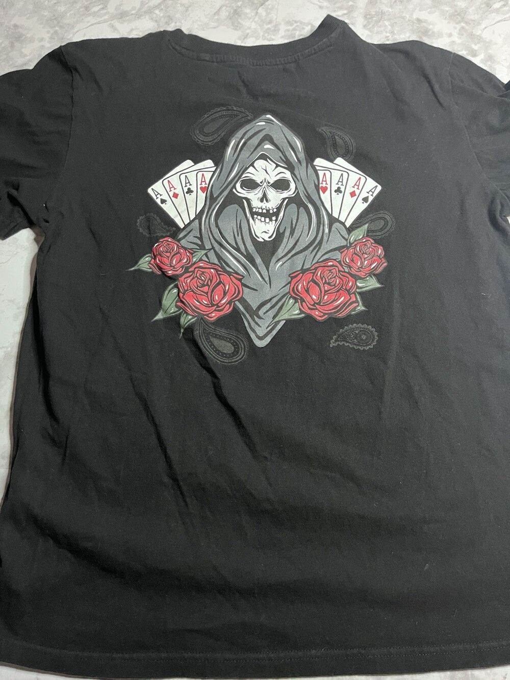 Taco Tuesday Grim Reaper Skull Roses Playing Cards Graphic T Shirt Men’s Medium